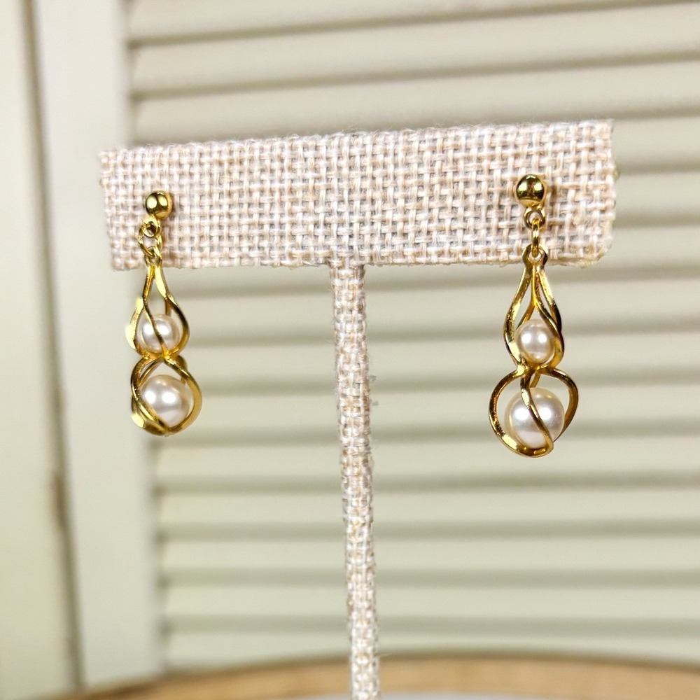 Architectural Gold Faux Pearl Drop Earrings Double Cage Swirl Statement Post